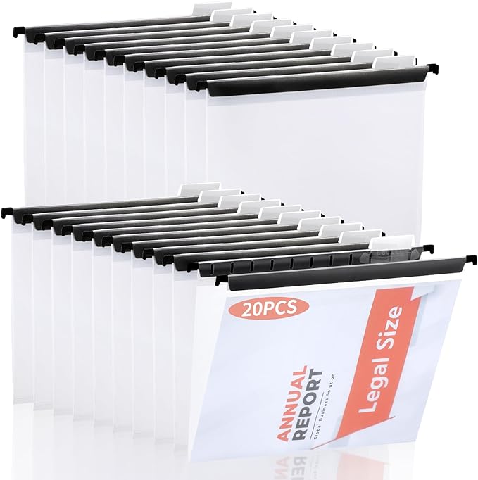 20 Pieces Clear Hanging File Folders Legal Size 9.5x14inch with Tabs and Inserts Poly Hanging Folders Transparent Hanging Document Folder Heavy Duty Filing Cabinet Folders for Medical Charts Office