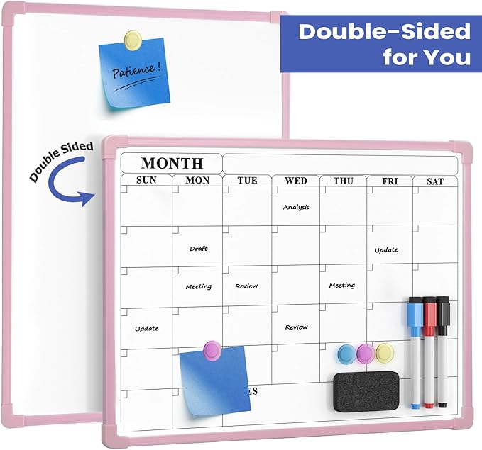 Pink Frame Whiteboard Calendar, 16" x 12" Plastic Dry Erase Board Calendar, Small Monthly Planner for Wall