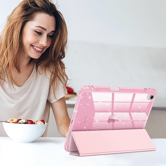 Fintie Slim Case with Pencil Holder for iPad Air 11-inch M4/M3/M2 (2026/2025/2024), iPad Air 5th (2022) / 4th Generation 10.9 Inch - Glittering Sparkly Cover with Shiny Clear Back Shell, Light Pink