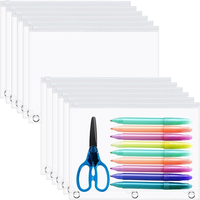 Lincia 24 Pack Clear Pencil Pouch for 3 Ring Binder Pencil Case with Zipper 3 Ring Binder Pocket Insert Bag 10 x 7'' Visible Cash Envelope with Re-enforced Grommet for Office (White,Clear)
