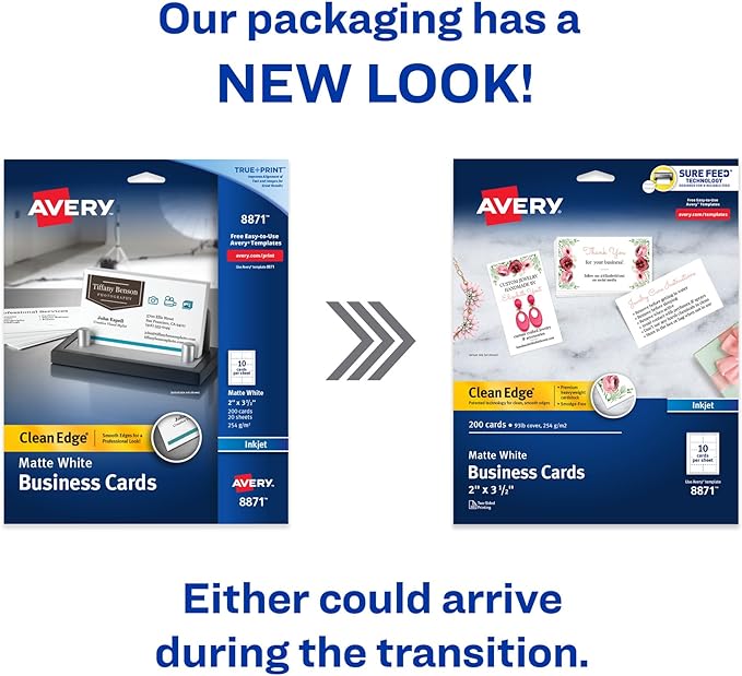 Avery Clean Edge Printable Business Cards with Sure Feed Technology, 2" x 3.5", White, 200 Blank Cards for Inkjet Printers (08871)