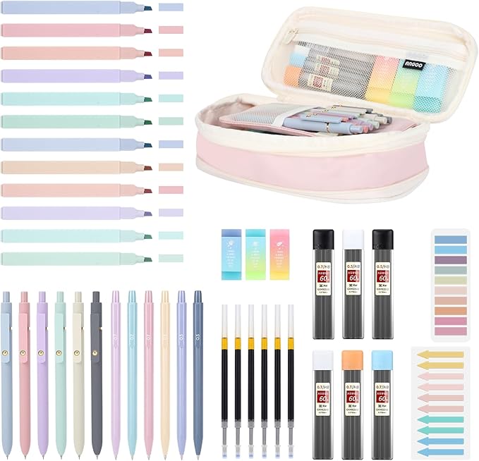 42PCS Aesthetic School Supplies with Large Pencil Case, 12 Pastel Highlighters,6 Black Ink Gel Pens,6 Cute Mechanical Pencils Set 0.5 & 0.7 mm for Students Stationary College Essentials(Pink)