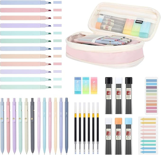 42PCS Aesthetic School Supplies with Large Pencil Case, 12 Pastel Highlighters,6 Black Ink Gel Pens,6 Cute Mechanical Pencils Set 0.5 & 0.7 mm for Students Stationary College Essentials(Pink)