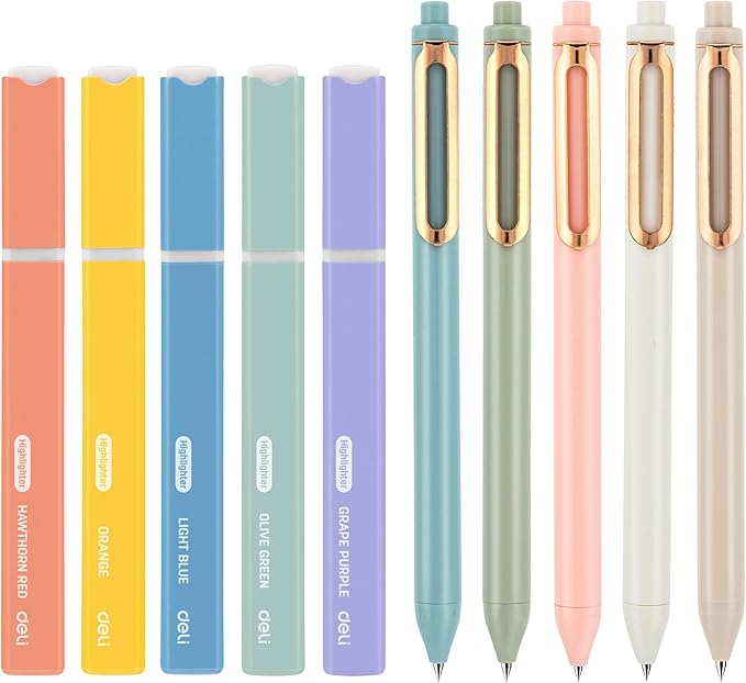 deli Aesthetic Highlighters And Gel Pens,10 Pack, No Bleed Bible Highlighters, Assorted Color, Black Ink Gel Pens, Dry Fast For Bibles Journaling Planner Notes
