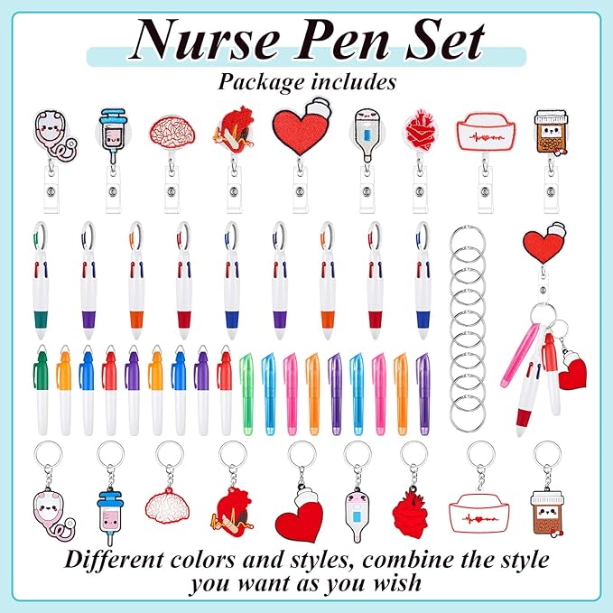 Henoyso 54 Pcs Nurse Badge Reel Pens Mini Highlighter Pens Bulk Nursing Week Appreciation Gifts Badge Accessories Retractable for Cna Medical Assistant Christmas Women (Stylish)