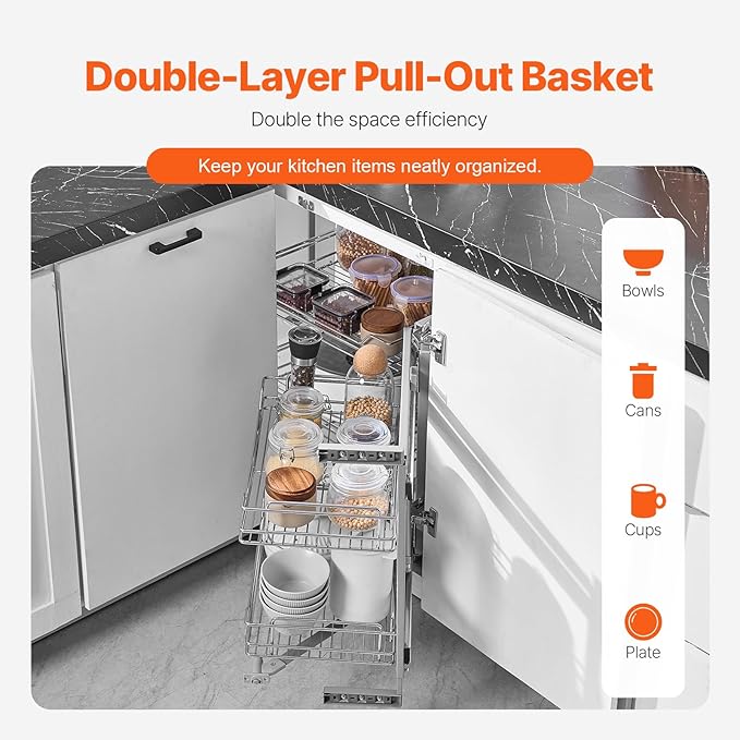 VEVOR 18" W Opening Blind Corner Pull Out Organizer, 2 Tier 4 Shelf Kitchen Cabinet Organizer, Magic Chrome Carbon Steel Storage Basket, Slide Out Storage Organizer, Left & Right Open Compatible