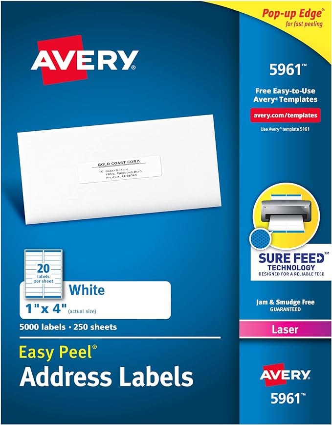 Avery Mailing Address Labels, Laser Printers, 5,000 Labels, 1 x 4, Permanent Adhesive, 2 Packs (5961)