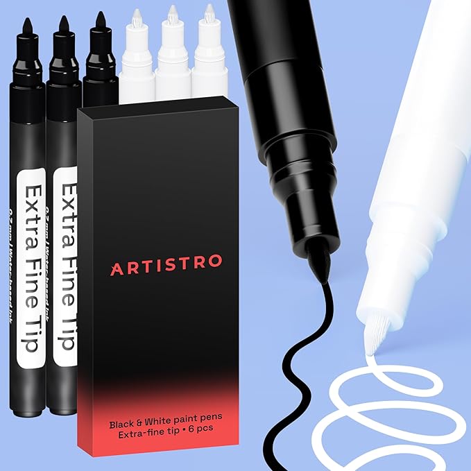 ARTISTRO 6 Black & White Acrylic Paint Pens – 0.7mm Extra-Fine Tip Markers – Paint Pens for Crafts, Rock Painting, Glass, Wood, Canvas, DIY Art
