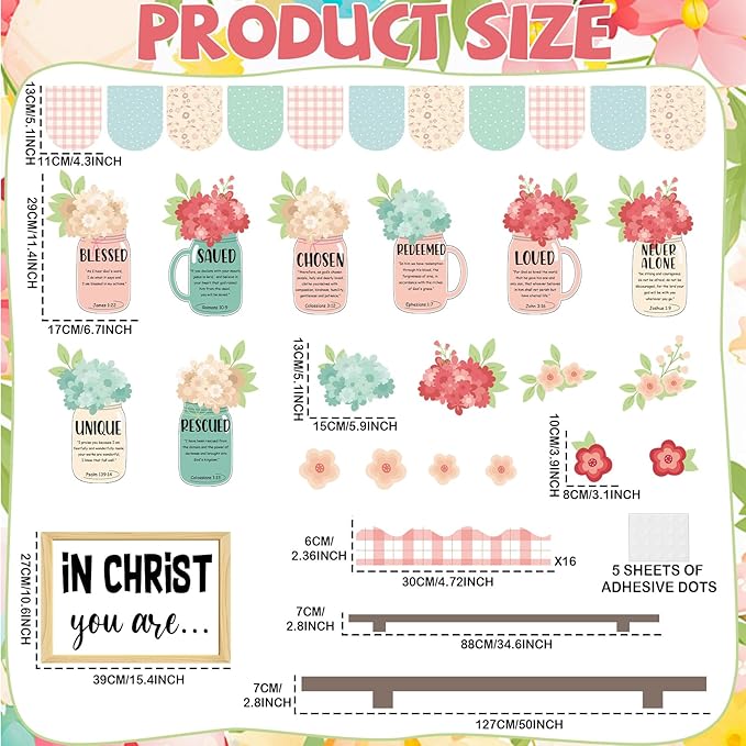 Spring Christian Religious Bulletin Board Set Christian Floral Classroom Decorations Colored Flowers and Vases Bookshelf Paper Cutouts for Sunday School Church Office Home Chalkboard Wall Door Decor
