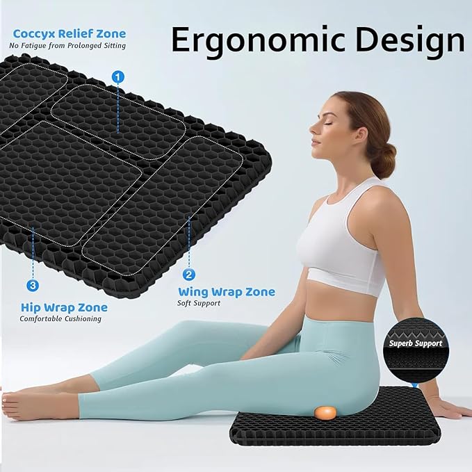 Gel Seat Cushion, Large Gel Cushion Breathable Honeycomb Chair Pads Gel Cushion with Non-Slip Cover for Home Office Chair Car Seat Wheelchair Absorbs Body Pressure Points, As Seen on TV (Black)