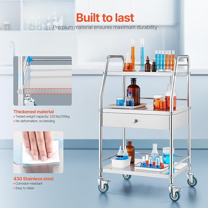 VEVOR Service Cart, 3 Layers Stainless Steel Utility Rolling Cart with Drawer, Lockable Wheels, Ideal for Laboratory, Hospital, Dental Use