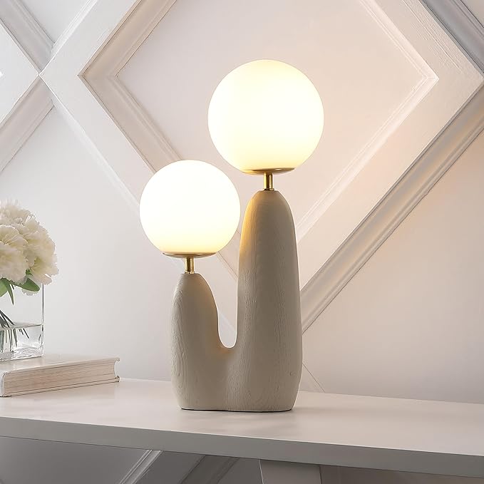 JONATHAN Y 17.75" Almond/Brass Gold Modern Bohemian Danish Cactus LED Table Lamp, 2-Light Mid-Century Minimalist Desk Light for Bedroom Living Room, Frosted Glass Globe Shades (JYL4065C)