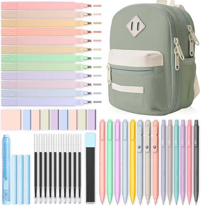 51 PCS Aesthetic School Supplies with Cute Pencil Case, 12 Pastel Highlighters, 8 Quick Dry Retractable Black Ink Pens, 6 Pastel Mechanical Pencil Student Stationary Bible Study Supplies(Beige Green)