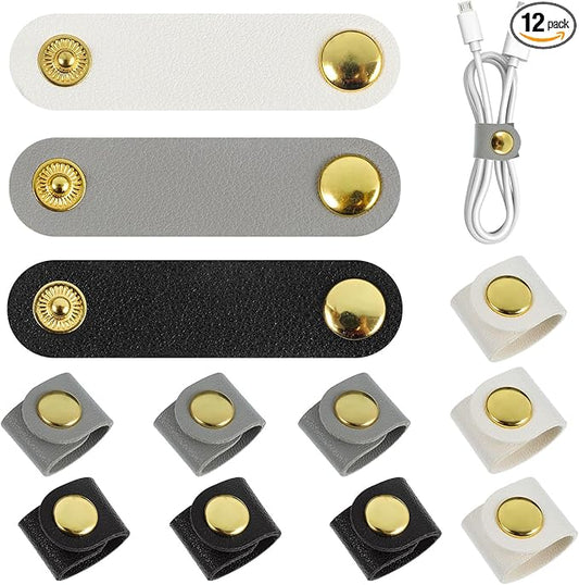 12 Pcs Cord Organizer, Stocking Stuffers for Men Portable PU Leather Cord Holder Winder Keeper Earphone Cable Cord USB Straps Earphone Winder with Leather Handmade(Black/White/Grey)