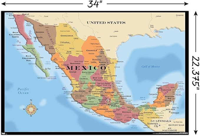 Trends International Map - Mexico Wall Poster, 22.375" x 34", Poster & Mount Bundle