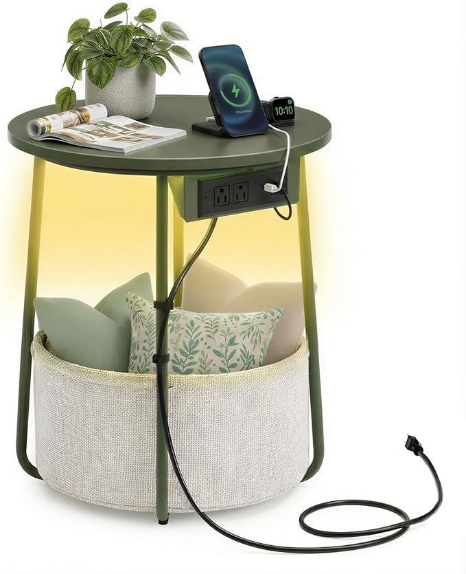 VASAGLE LILEA Collection - Side Table with Charging Station, Round End Table with Fabric Basket, LED Nightstand with USB Ports, Modern, for Living Room, Forest Green and Cream White ULET227C01