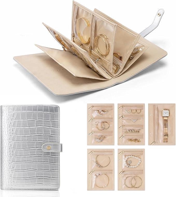 Vlando Travel Jewelry Case,Jewelry Organizers and Storage Jewelry Book Ring Binder with Clear Zipper Velvet Jewelry Pouches Bags for Rings,Necklace,Earrings-Silver