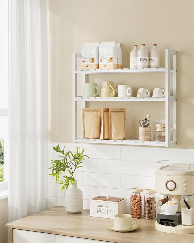 SONGMICS Bamboo Bathroom Shelf, 3-Tier Adjustable Plants Rack, Wall-Mounted or Stand, in The Living Room, Balcony, Kitchen, 5.9 x 23.6 x 21.3 Inches, Cloud White UBCB13W