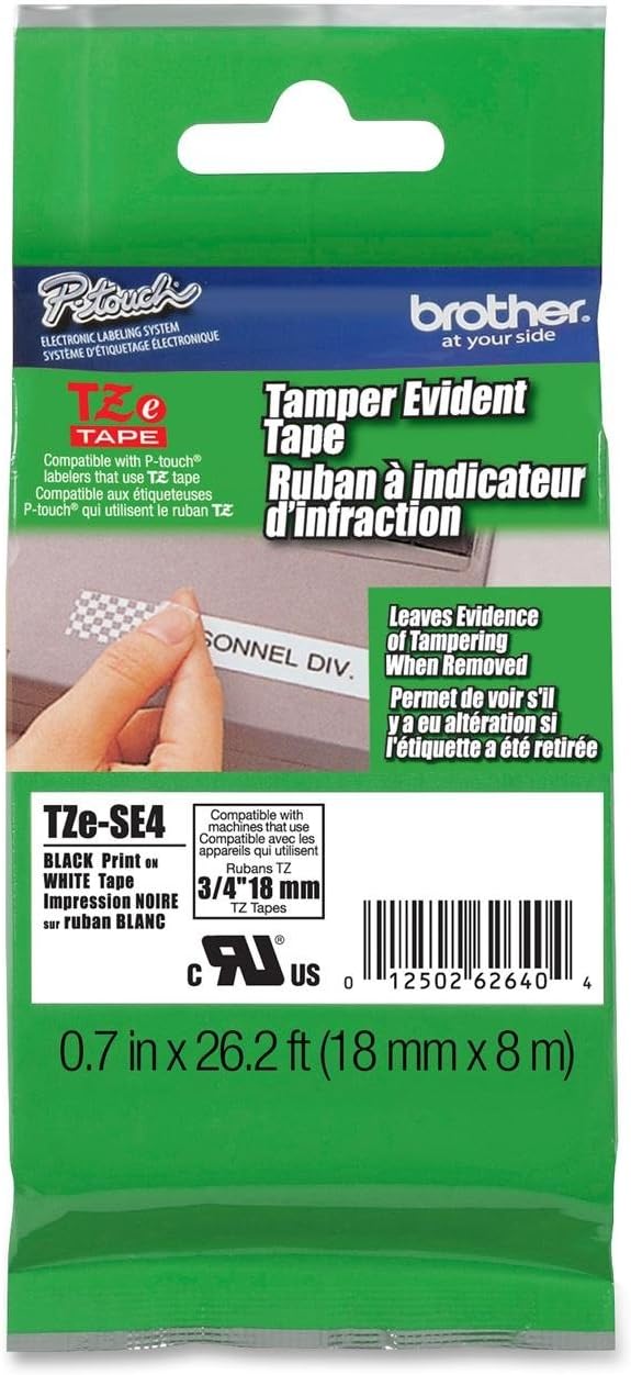 Brother Genuine P-touch TZE-SE4 Tape, 3/4" (0.7") Wide Tamper-Evident Laminated Tape, Black on White, Primarily for Property Security Applications, Water-Resistant, 0.7" x 26.2' (18mm x 8M), TZESE5
