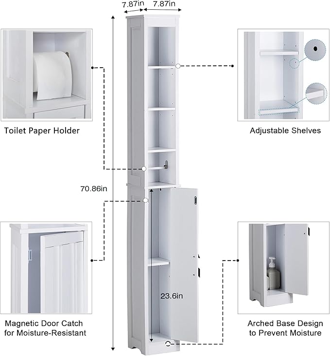 VECELO Tall Narrow Storage Cabinet with Adjustable Shelves, Slim Freestanding Bathroom Cabinet with Toilet Paper Holder, Magnetic Door, for Small Spaces, 7.9" D x 7.9" W x 71" H, Pearl White
