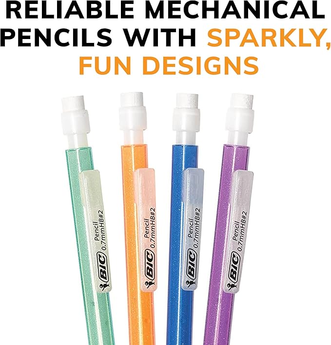BIC Xtra-Sparkle Number 2 Mechanical Pencils With Erasers, Medium Point (0.7mm), 15-Count Pack, Cute Mechanical Pencils for Girls, Boys and Adults