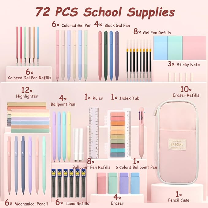 72 PCS Pencil Case with Supplies, Aesthetic School Supplies, 12 Highlighters, Colored & Black Ink Gel Pens, 6 Mechanical Pencils Set, Essentials Stationary Set, Pink