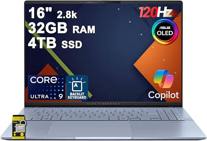 ASUS Vivobook S16 AI PC Laptop 16" 2.8k OLED 120Hz (600nits HDR, 100% DCI-P3) Intel 16-core Ultra 9 285H 32GB DDR5 4TB SSD Backlit for Creator Business Professional Work Win11 ICP Hub/Copilot+ AI