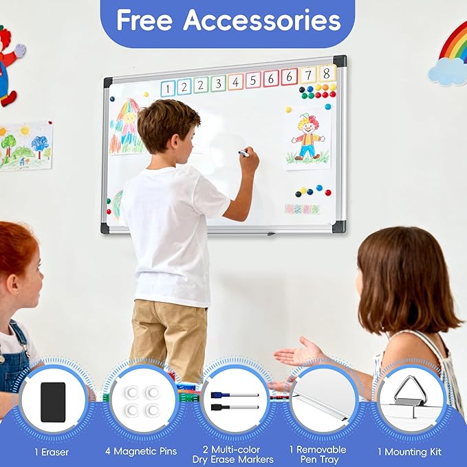 VUSIGN Magnetic Dry Erase White Board for Wall 24"×18"- 1 Eraser, 2 Markers, 4 Magnets, Aluminum Frame Whiteboard for Home, School, Office
