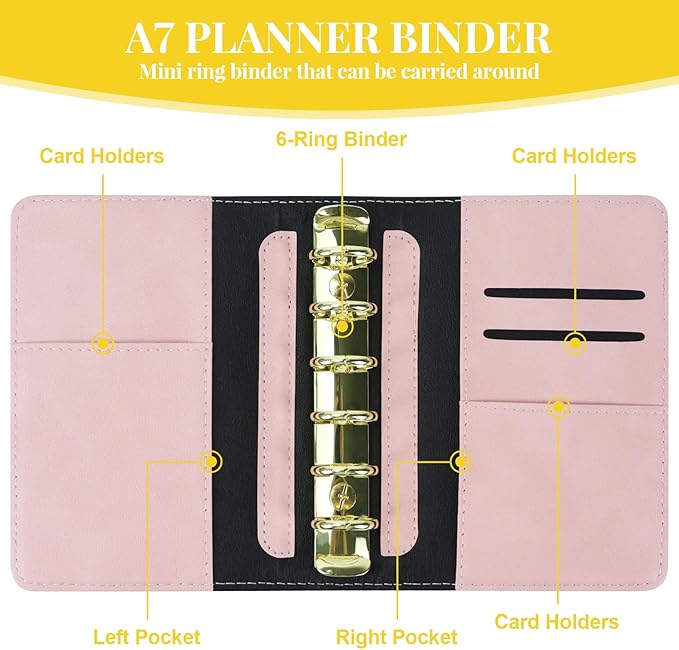 Koqye A7 Refillable Planner Small Binder Notebook 6 Ring, Portable PU Leather Organizer with Zippered Pocket, To-Do & Blank Refill Papers, Dividers, Monthly Sticker, Pen, for Students, Professionals, Travel (Black & Pink)