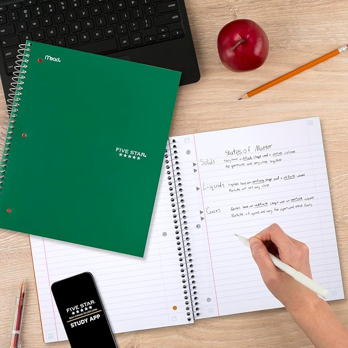 Five Star Spiral Notebook + Study App, 3 Subject, Wide Ruled Paper, 8" x 10-1/2", 150 Sheets, Fights Ink Bleed, Water Resistant Cover, Forest Green (73176) (Pack of 6)