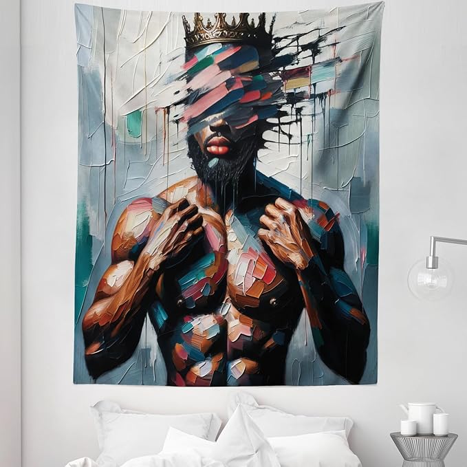 Ambesonne Afro Art Tapestry Twin Size, Strong Black Man with a Crown Face of Strokes Modern Painting Print, Wall Hanging Bedspread Bed Cover Wall Decor, 68" X 88", Blue Grey and Chocolate
