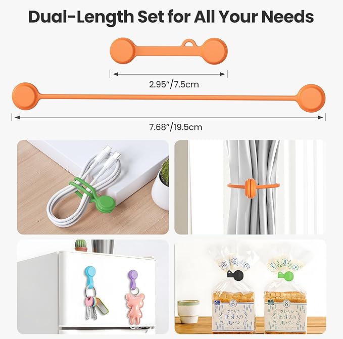 Tounee Reusable Silicone Magnetic Cable Ties - 2 Sizes Combo (4pcs 2.95'' + 10pcs 7.68'') - Multi-Purpose for Cable Bundling, Organizing, Bookmarks & Fridge Magnets - Assorted Colors, 14-Pack