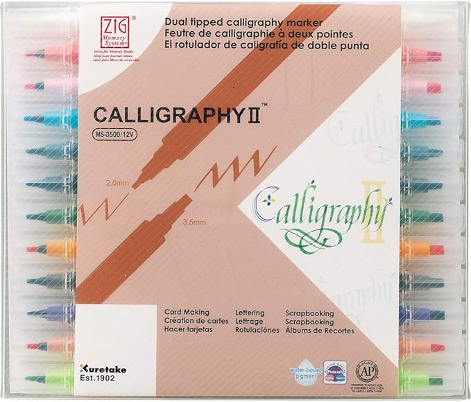 Kuretake ZIG CALLIGRAPHY 2 Dual Tip Markers 12 colors set, 2mm, 3.5mm, Square tips, AP-Certified, No mess, Photo-Safe, Acid Free, Lightfast, Odourless, Xylene Freeing, For Beginners, Made in Japan
