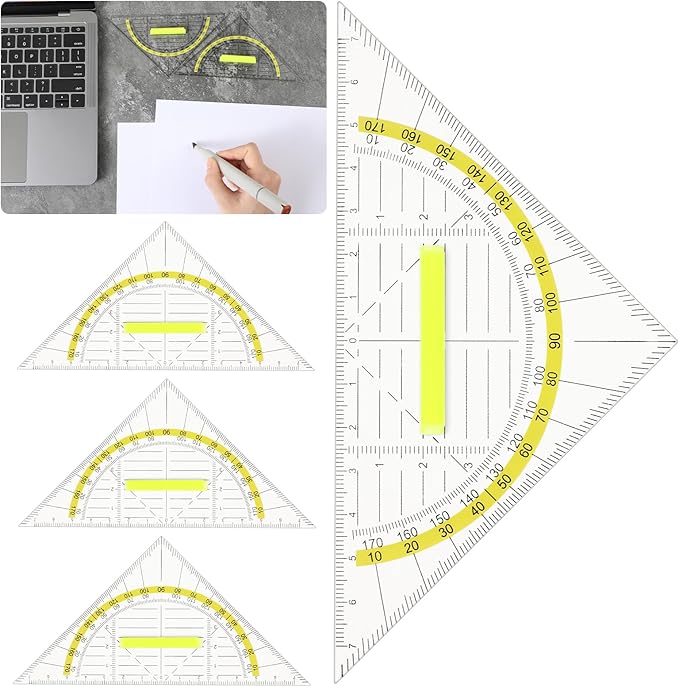 4 Pcs Multifunctional Triangle Ruler with Handle, Plastic Triangle Ruler Protractor Geometry Set Transparent Set Square Drafting Ruler for Architectors Designers Engineers Drawing Tools