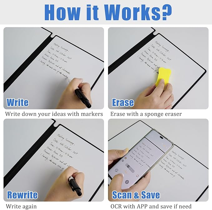 Portable White Board Dry Erase Notebook 12" x 9" (A4), Double Sided Folding Reusable Whiteboard with 3 Markers & 1 Pen Bag, Anti-Ghosting & Anti-Smudg Surface Notebook for Study, Meeting (Black)