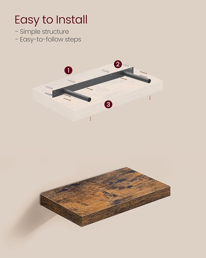 VASAGLE Wall Shelves Set of 3, Floating Shelves, 8 x 15.7 x 1.5 Inches, Display Shelves for Picture Frames, Wall Decor, Hanging Shelf for Living Room, Kitchen, Rustic Brown ULWS055B01