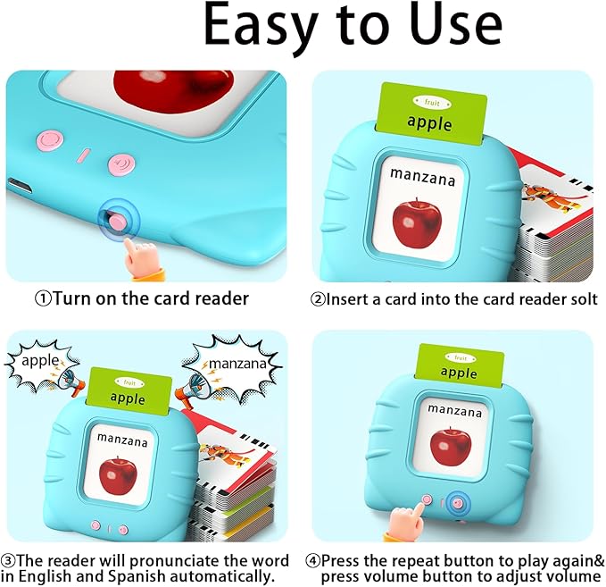 Kidzdo Bilingual Spanish and English Talking Flash Cards with 520 Words Learning Toys, Early Educational Toys for Toddler, Birthday Gift for 2 3 4 5 6 Year Old, Blue