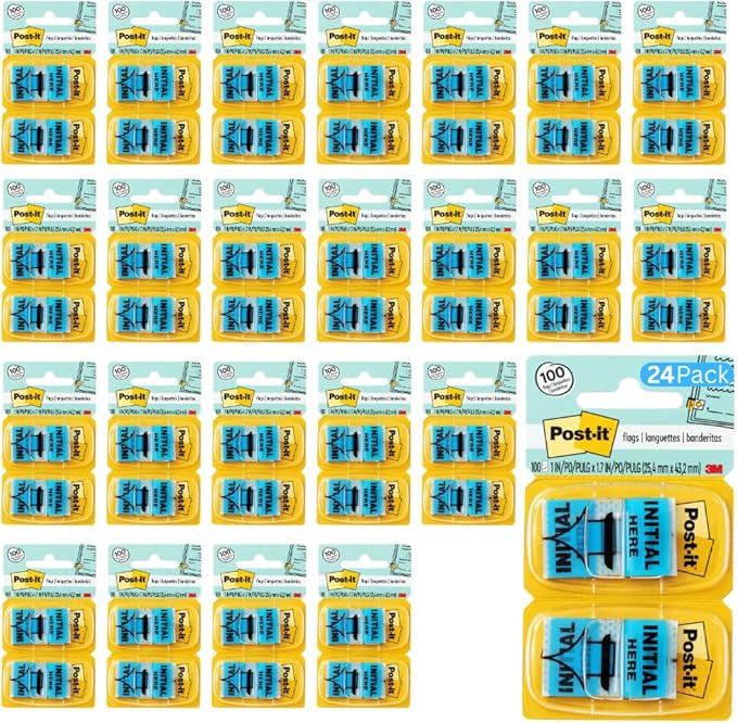 Post-it Initial Here Flags, 100 Flags/Pack, 1 in Wide, Blue (680-IH2) - 24 Pack, 2400 Total Flags