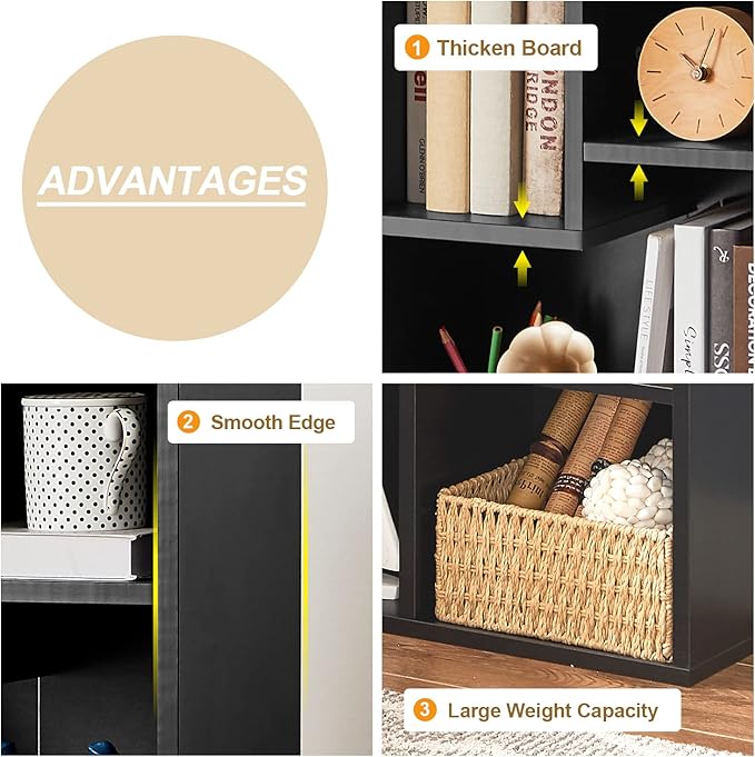 VECELO Small Bookshelf, 5 Cube Slim Bookcase, Fits Tallest Hardcovers, Horizontal Available, Modern Floor Standing Unit, Each Shelf Hold Up to 66 LBS, Black