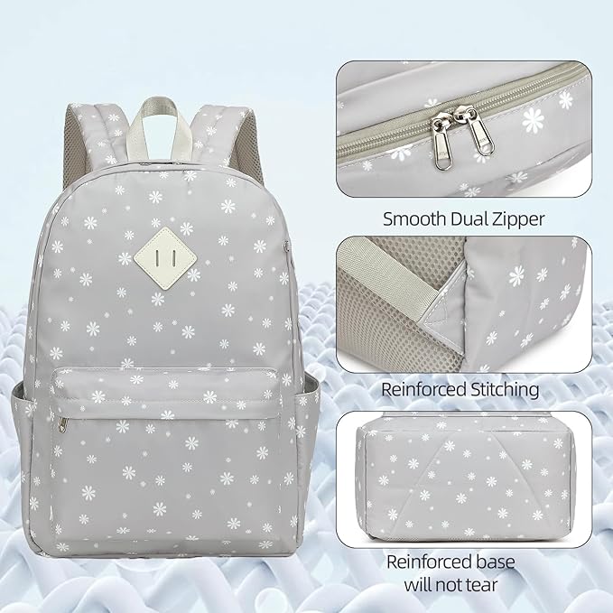 Flowers School Backpack for Girls, 3PCS Bookbags Set with Lunch Box Pencil Pouch Elementary Middle School Bag Laptop Back Packs (Daisy Grey)