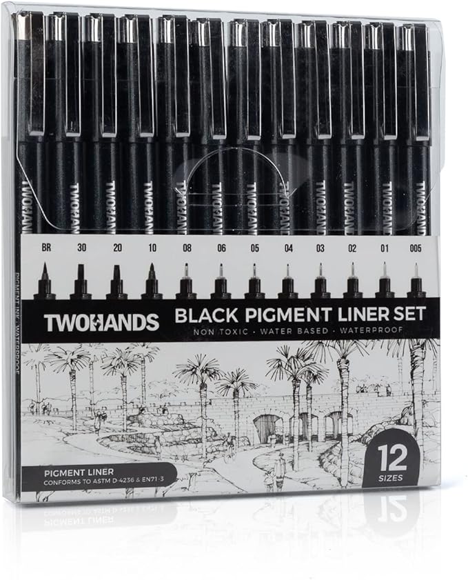 TWOHANDS Art Pens,Fineliner Ink Pens,Set of 12 Technical Drawing pen,Pigment Pen,Fine Point,Black,Waterproof,for Art Watercolor,Sketching,Anime,Manga, 902188