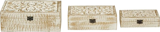 Deco 79 Mango Wood Floral Handmade Decorative Box Decorative Keepsake Boxes with Hinged Lid, Set of 3 Storage Boxes 8", 10", 12"W, White