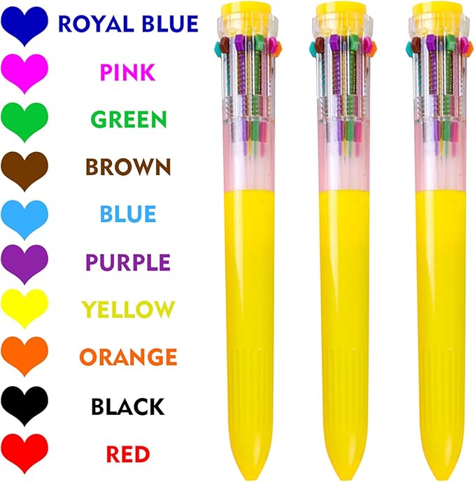HeTaoCat Multicolor Pens 3 Pack 0.5mm 10-in-1 Retractable Ballpoint Pens - 10 Colors Transparent Barrel Ballpoint Pen for Office Supplies (Yellow)