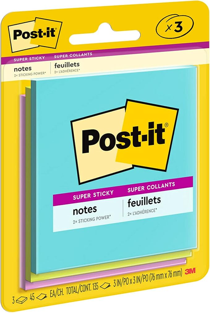 Post-it Super Sticky Notes, 3x3 in, 3 Pads, 2X The Sticking Power, Supernova Neons, Bright Colors, Recyclable (3321-SSMIA), (Pack of 48)