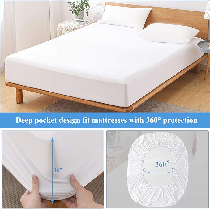 King Waterproof Mattress Protector - Noiseless, Breathable, Machine Washable Fitted Mattress Cover with Deep Pocket up to 5”-21”（White）