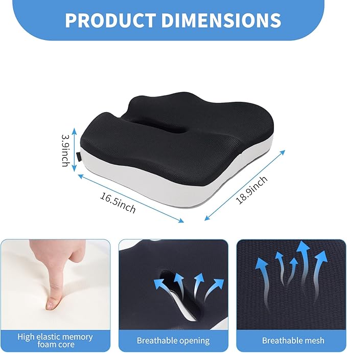 CXC Premium Seat Cushion: Orthopedic Memory Foam for Long Sitting - Tailbone Pain Relief | Extra Large Cooling Gel Chair Cushion for Office, Car, Wheelchair, Gaming | Desk Chair Comfort Ergonomic Pad