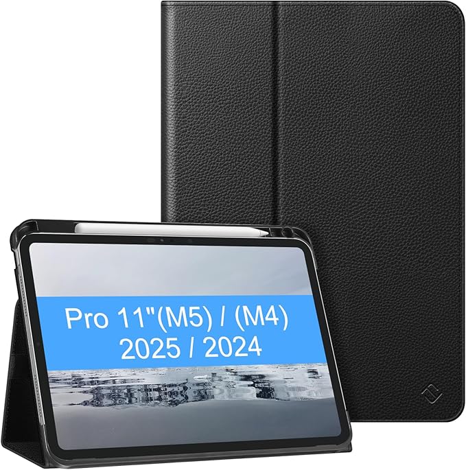 Fintie Folio Case for iPad Pro 11-inch (M5) 2025 / (M4) 2024 - Premium Vegan Leather Smart Stand Back Cover with Pencil Holder, Auto Wake/Sleep, Black