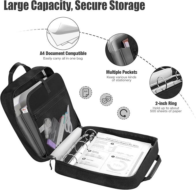 MoKo Zipper Binder, 2 Inch 3 Ring Binder with 500 Sheets Capacity & Shoulder Strap & Handle, Multi-Pocket Zipper Organizer for Middle School, Black