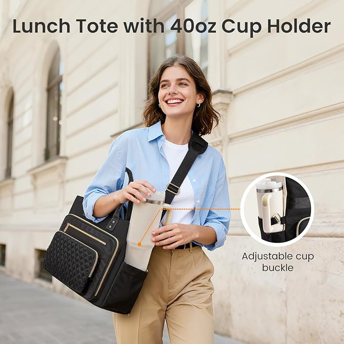LOVEVOOK Lunch Bag, Tote Bag for Women with Insulated Lunch Compartment, Large Capacity Work Tote fit 15.6 Inch Laptop, Teacher Nurse Bag for Work, Crossbody Bags for Women with Cup Holder, Black