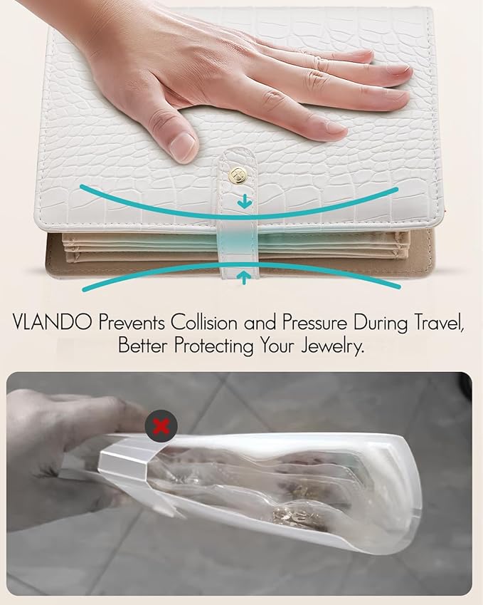 Vlando Travel Jewelry Case,Jewelry Organizers and Storage Jewelry Book Ring Binder with Clear Zipper Velvet Jewelry Pouches Bags for Rings,Necklace,Earrings-White